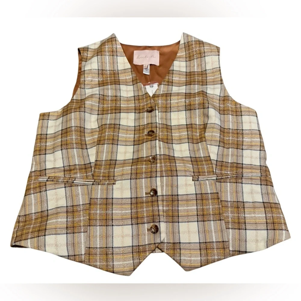 NWT Hutch Metallic Tweed Plaid Vest Size Large
